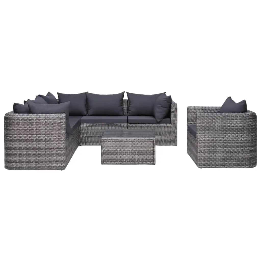 vidaXL 7 Piece Patio Sofa Set with Cushions & Pillows Poly Rattan Gray - 3x corner + 2x middle + armchair + table