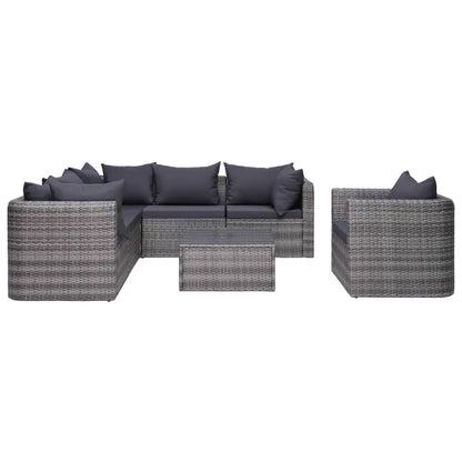 vidaXL 7 Piece Patio Sofa Set with Cushions & Pillows Poly Rattan Gray - 3x corner + 2x middle + armchair + table