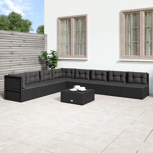 vidaXL 8 Piece Patio Lounge Set with Cushions Black Poly Rattan - Outdoor Furniture Set