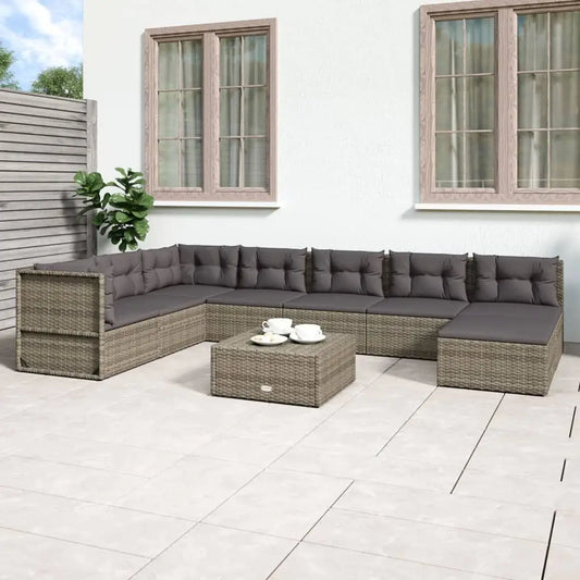 vidaXL 8 Piece Patio Lounge Set with Cushions Gray Poly Rattan - Outdoor Lounge Set