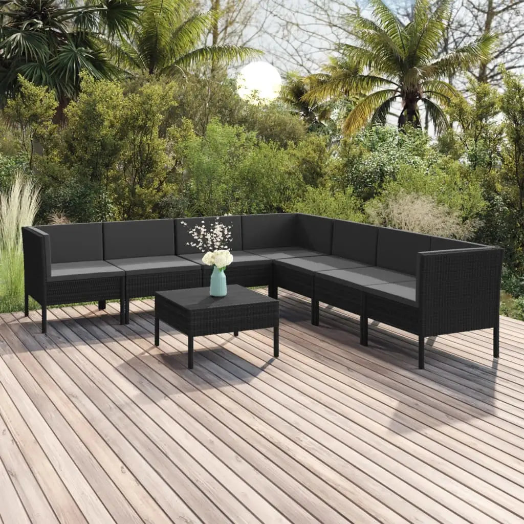 vidaXL 8 Piece Patio Lounge Set with Cushions Poly Rattan Black - Furniture > Outdoor Furniture > Outdoor Furniture Sets