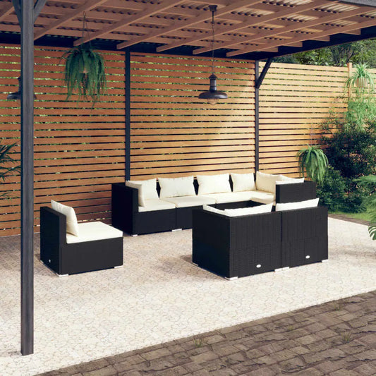vidaXL 8 Piece Patio Lounge Set with Cushions Poly Rattan Black - Lounge Set
