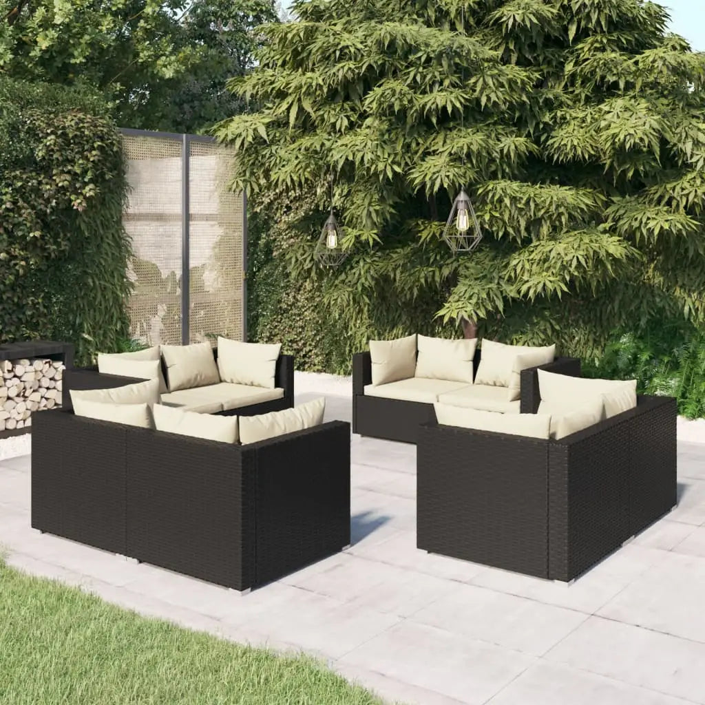 vidaXL 8 Piece Patio Lounge Set with Cushions Poly Rattan Black - Outdoor Furniture Set