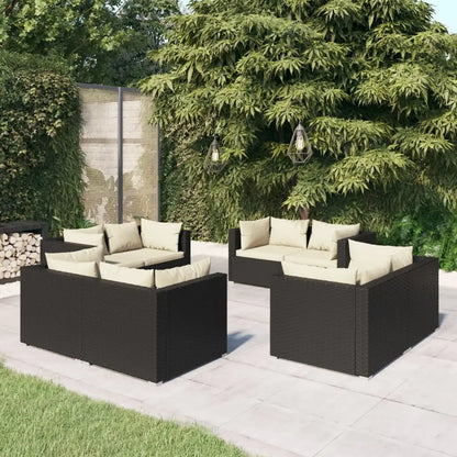 vidaXL 8 Piece Patio Lounge Set with Cushions Poly Rattan Black - Outdoor Furniture Set