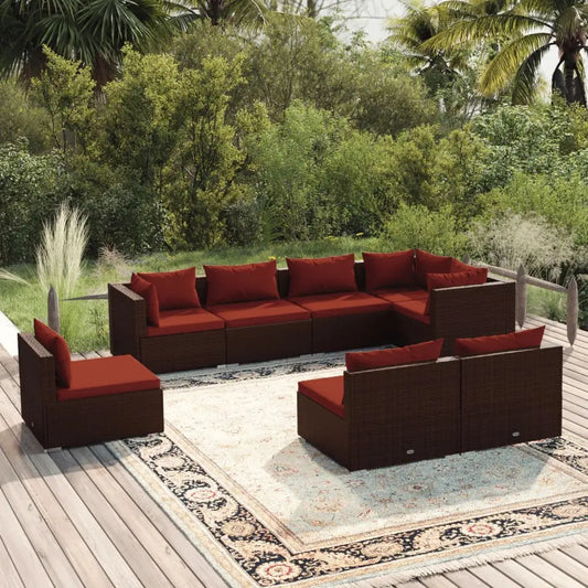 vidaXL 8 Piece Patio Lounge Set with Cushions Poly Rattan Brown - Patio Lounge Set
