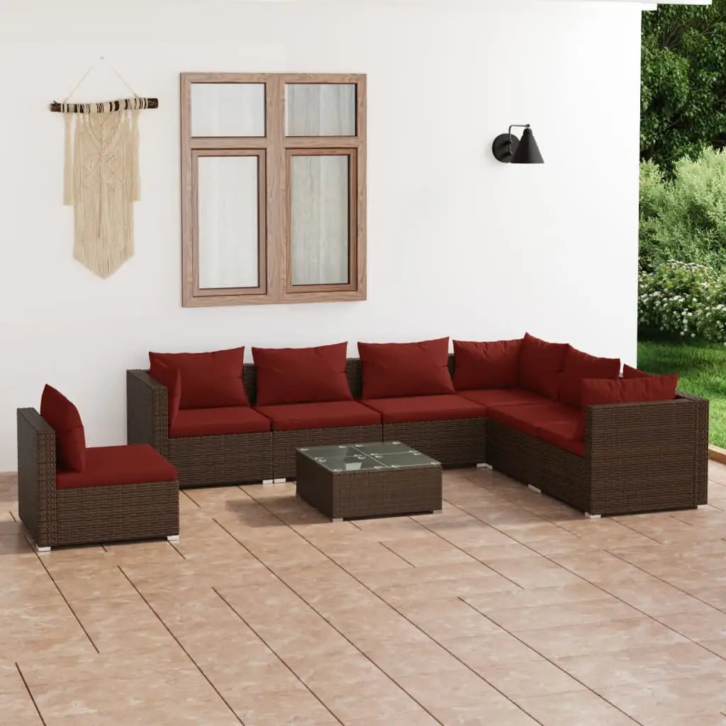 vidaXL 8 Piece Patio Lounge Set with Cushions Poly Rattan Brown - Outdoor Lounge Set