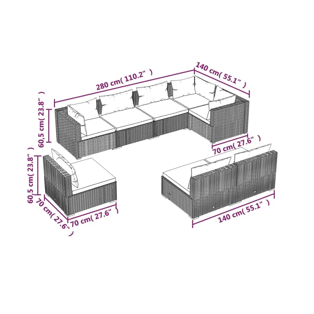 vidaXL 8 Piece Patio Lounge Set with Cushions Poly Rattan Brown - Patio Lounge Set