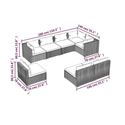 vidaXL 8 Piece Patio Lounge Set with Cushions Poly Rattan Brown - Patio Lounge Set