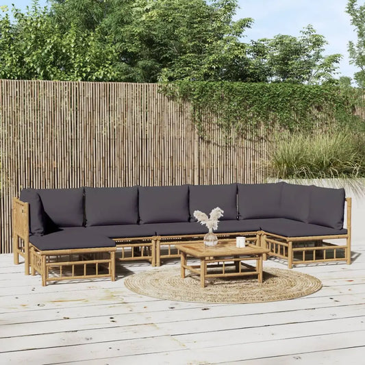 vidaXL 8 Piece Patio Lounge Set with Dark Gray Cushions Bamboo - Outdoor Furniture Set