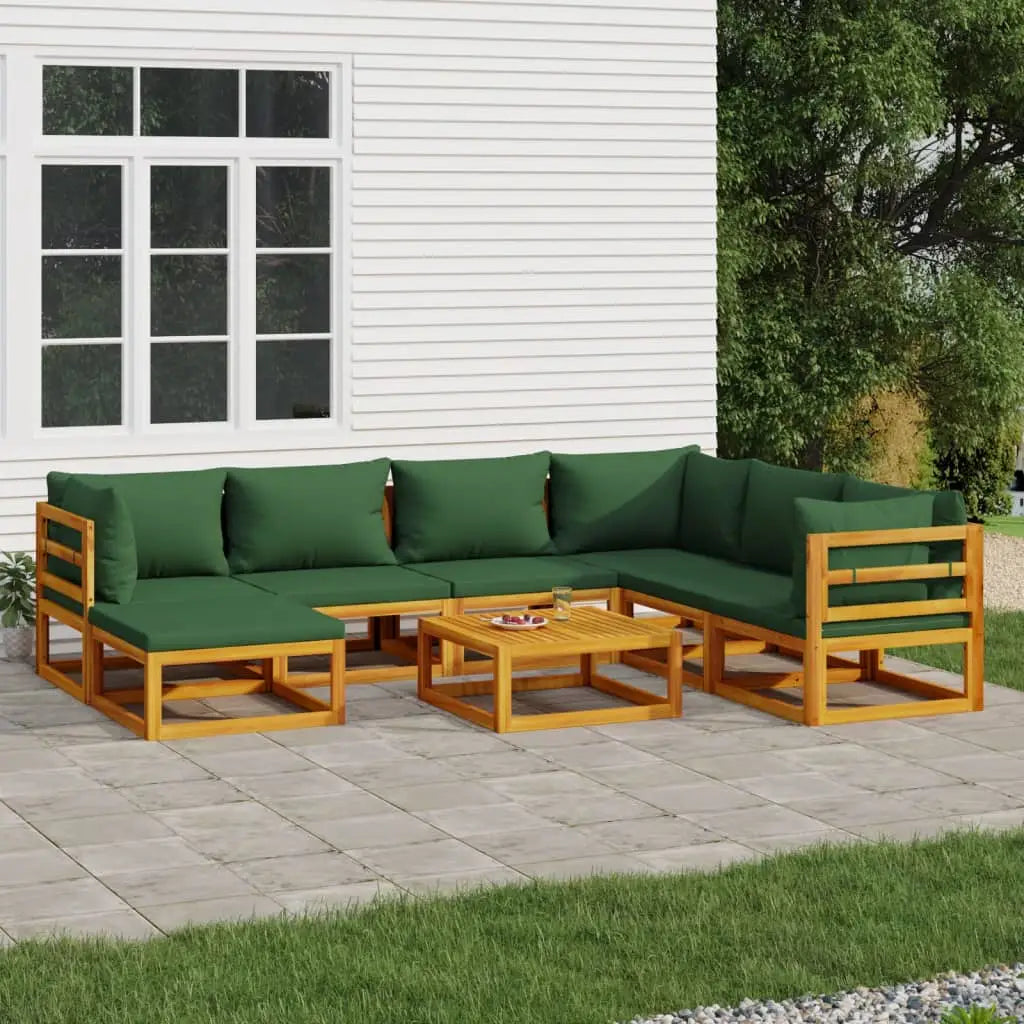 vidaXL 8 Piece Patio Lounge Set with Green Cushions Solid Wood - Patio Lounge Set