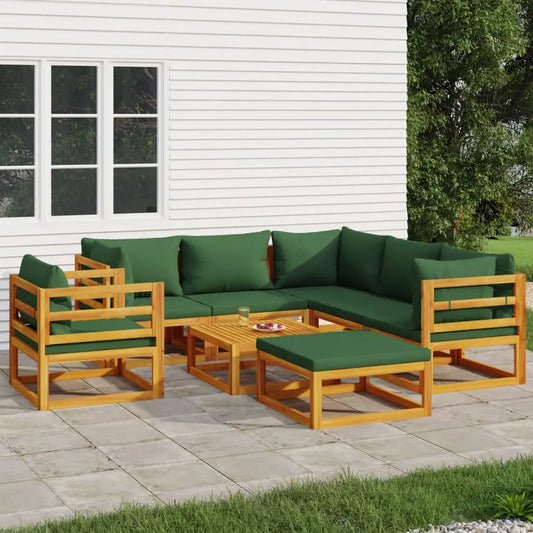 vidaXL 8 Piece Patio Lounge Set with Green Cushions Solid Wood - Outdoor Furniture Set