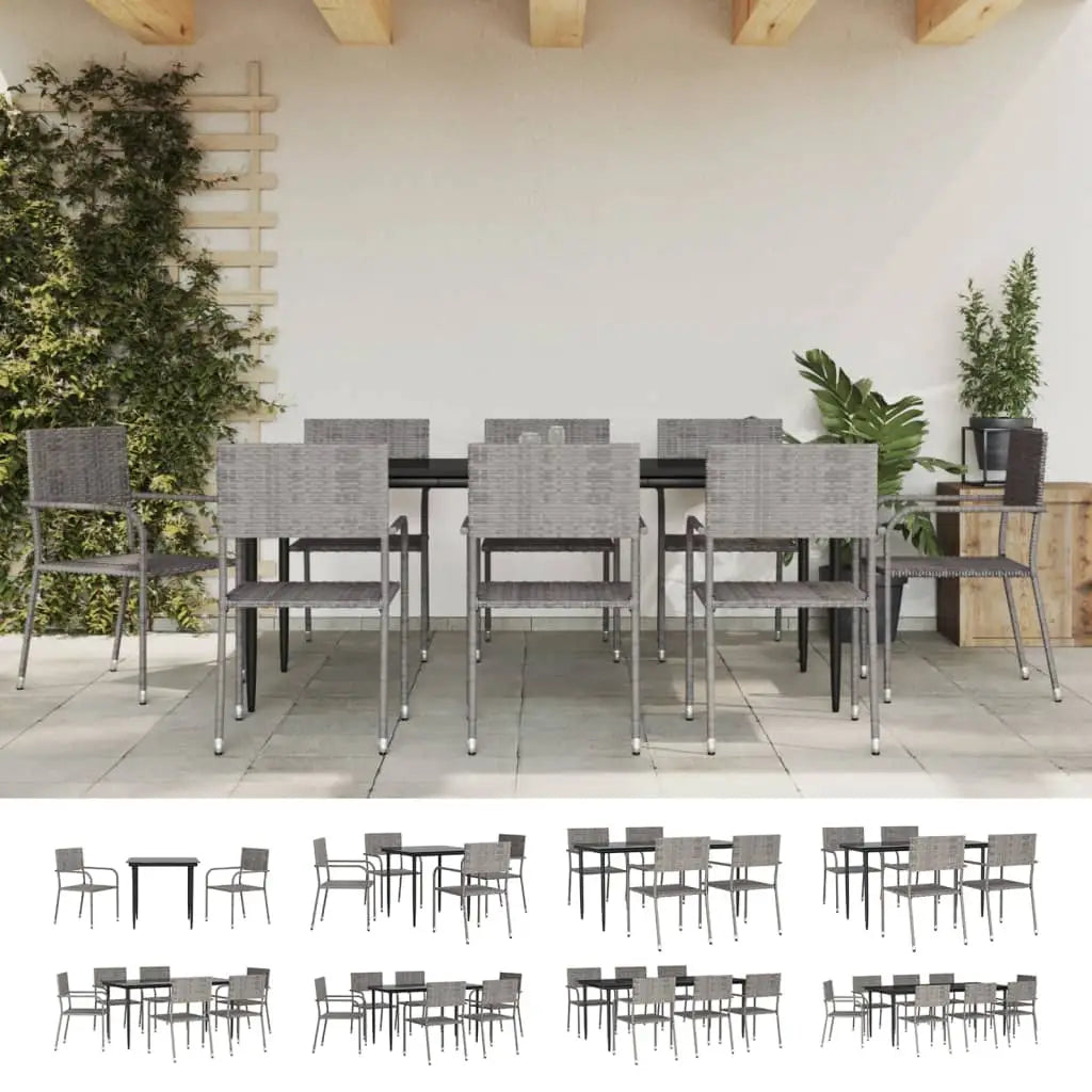 vidaXL 9 Piece Patio Dining Set Gray and Black Poly Rattan and Steel - Dining Set