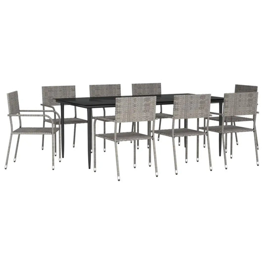 vidaXL 9 Piece Patio Dining Set Gray and Black Poly Rattan and Steel - Dining Set