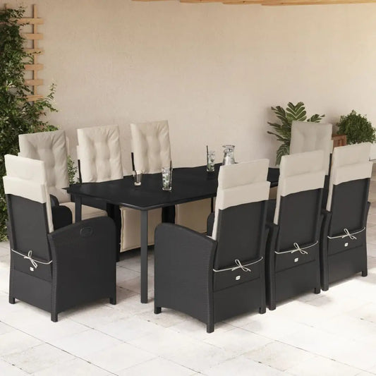 vidaXL 9 Piece Patio Dining Set with Cushions Black Poly Rattan - Dining Set