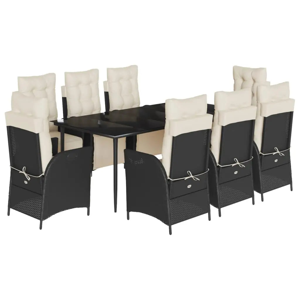 vidaXL 9 Piece Patio Dining Set with Cushions Black Poly Rattan - Dining Set