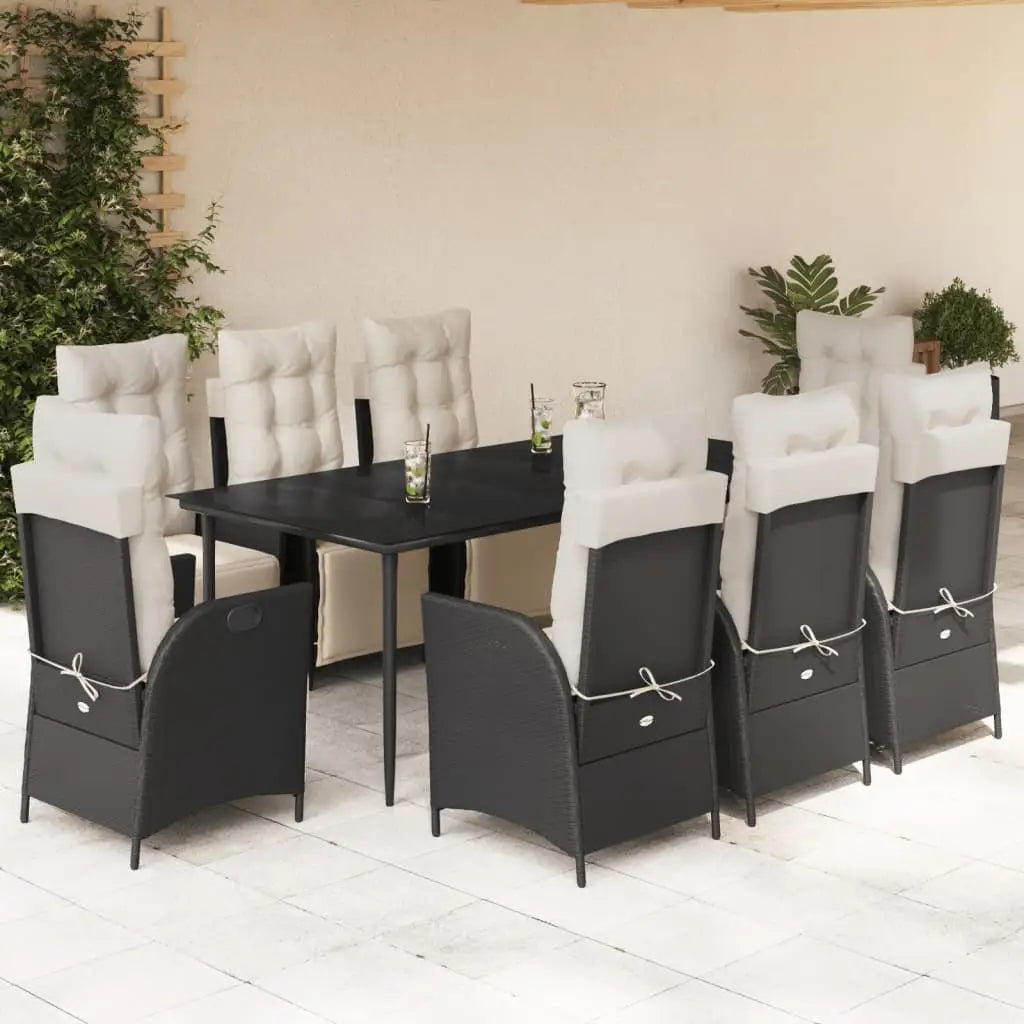 vidaXL 9 Piece Patio Dining Set with Cushions Black Poly Rattan - Dining Set