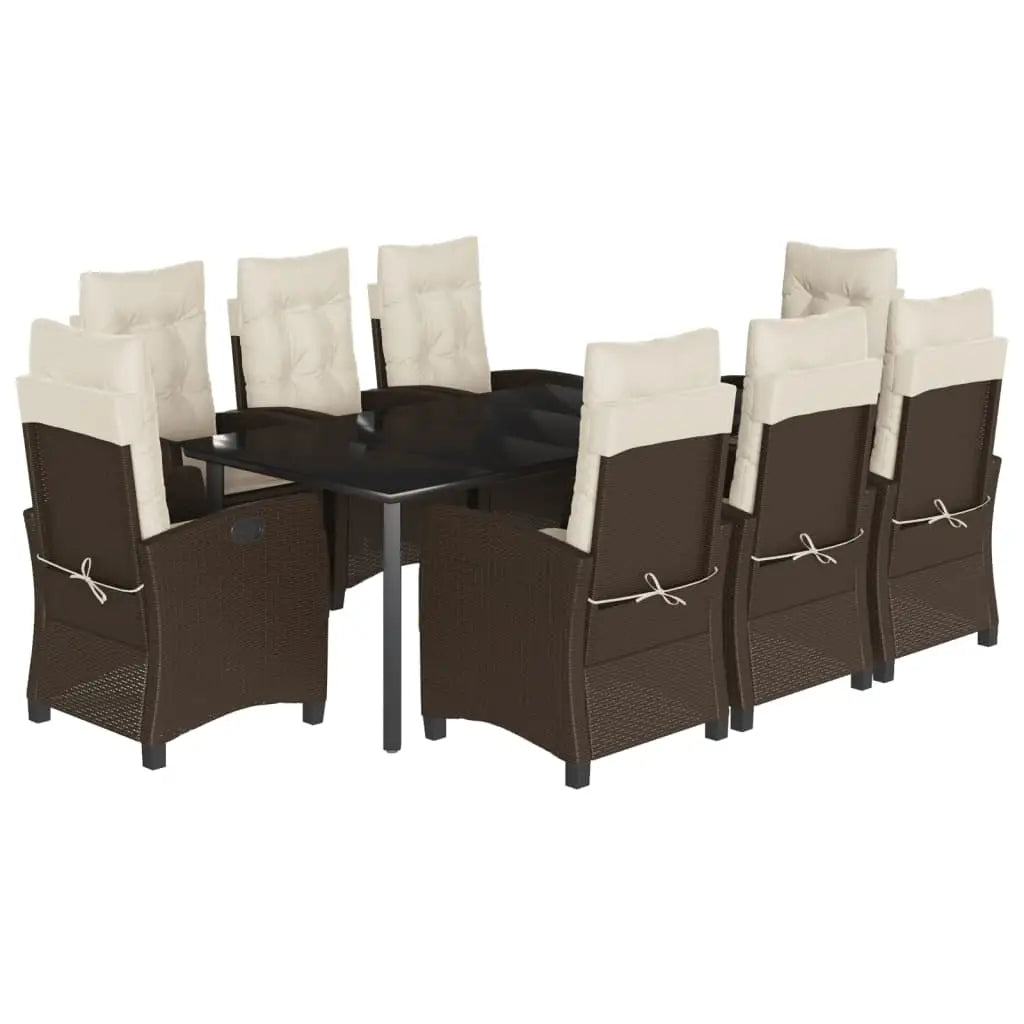 vidaXL 9 Piece Patio Dining Set with Cushions Brown Poly Rattan - Dining Set
