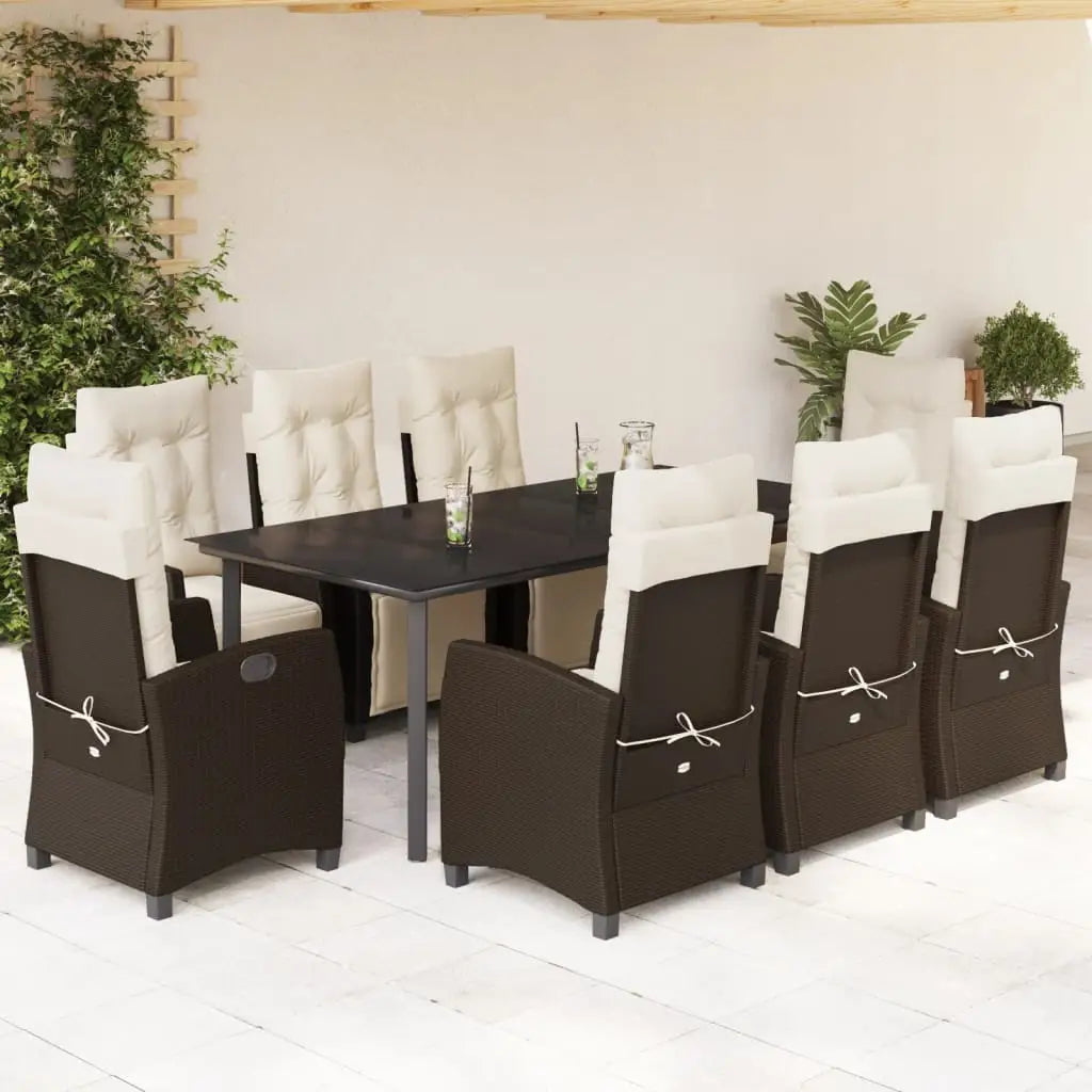vidaXL 9 Piece Patio Dining Set with Cushions Brown Poly Rattan - Dining Set