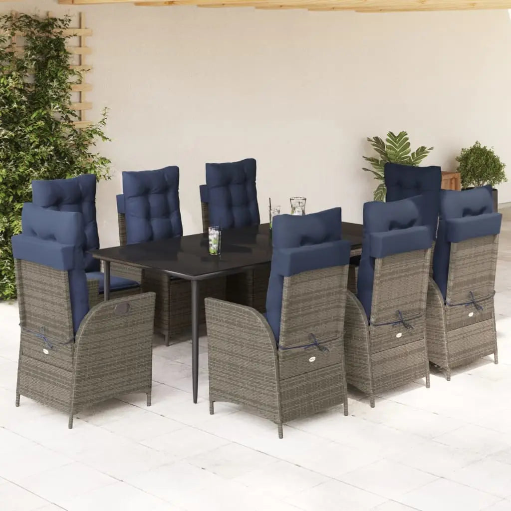 vidaXL 9 Piece Patio Dining Set with Cushions Gray Poly Rattan - Dining Set