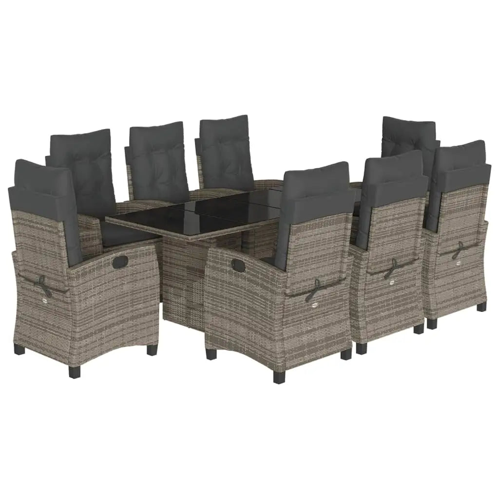 vidaXL 9 Piece Patio Dining Set with Cushions Gray Poly Rattan - Dining Set