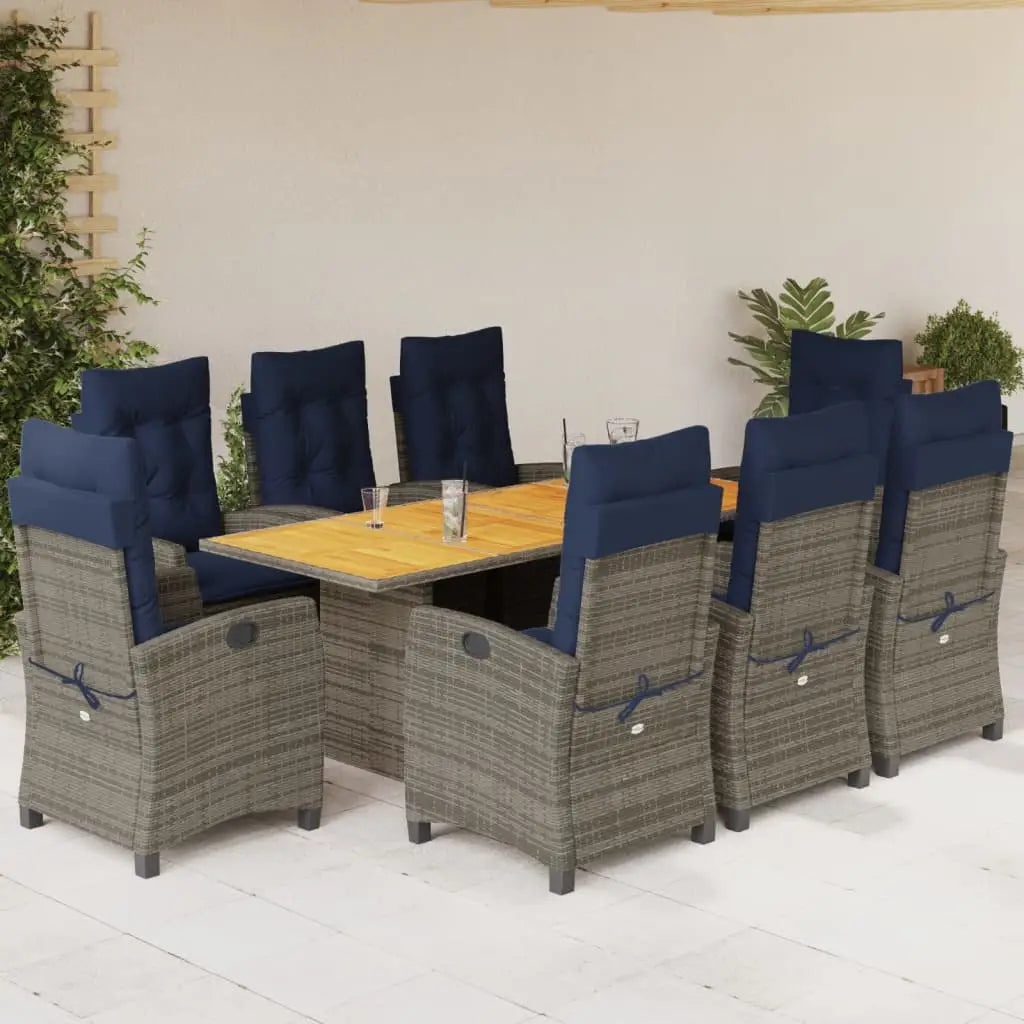 vidaXL 9 Piece Patio Dining Set with Cushions Gray Poly Rattan - Dining Set