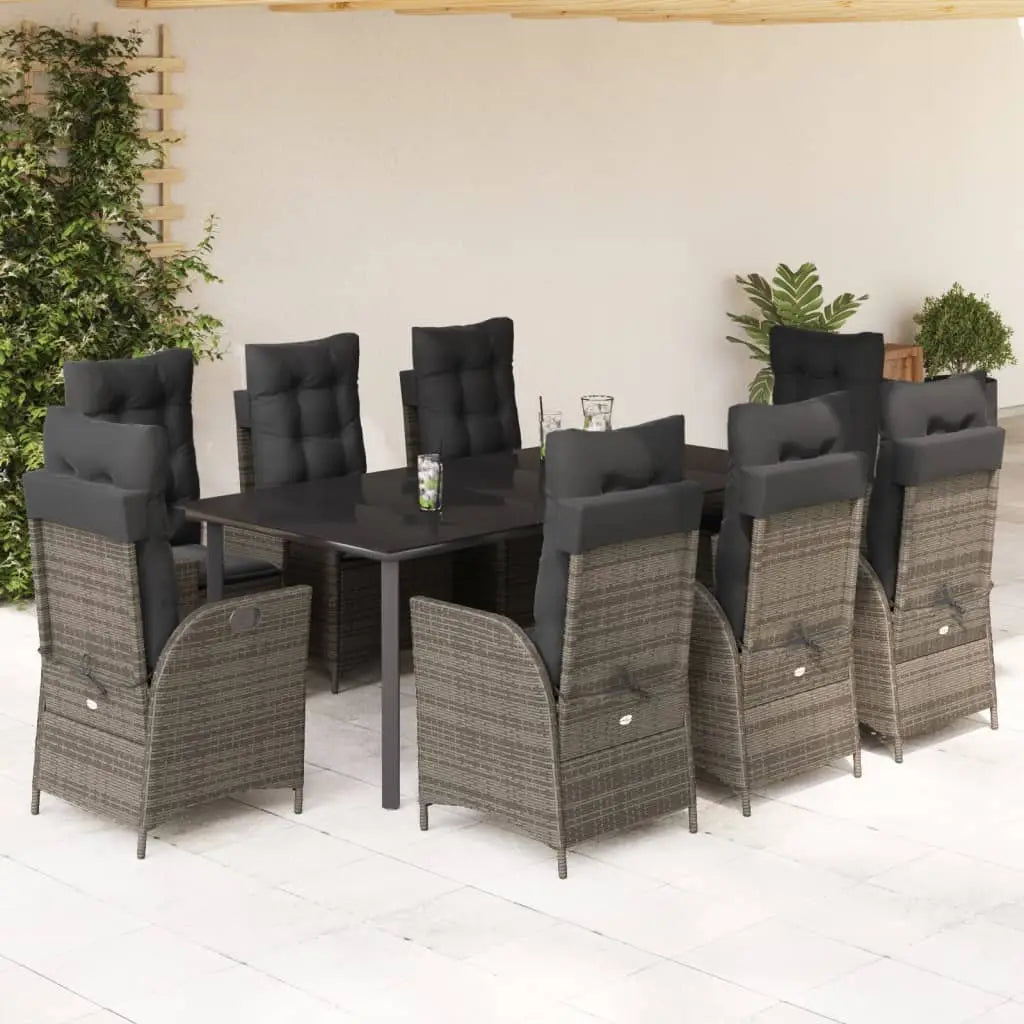 vidaXL 9 Piece Patio Dining Set with Cushions Gray Poly Rattan - Dining Set