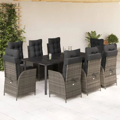 vidaXL 9 Piece Patio Dining Set with Cushions Gray Poly Rattan - Dining Set