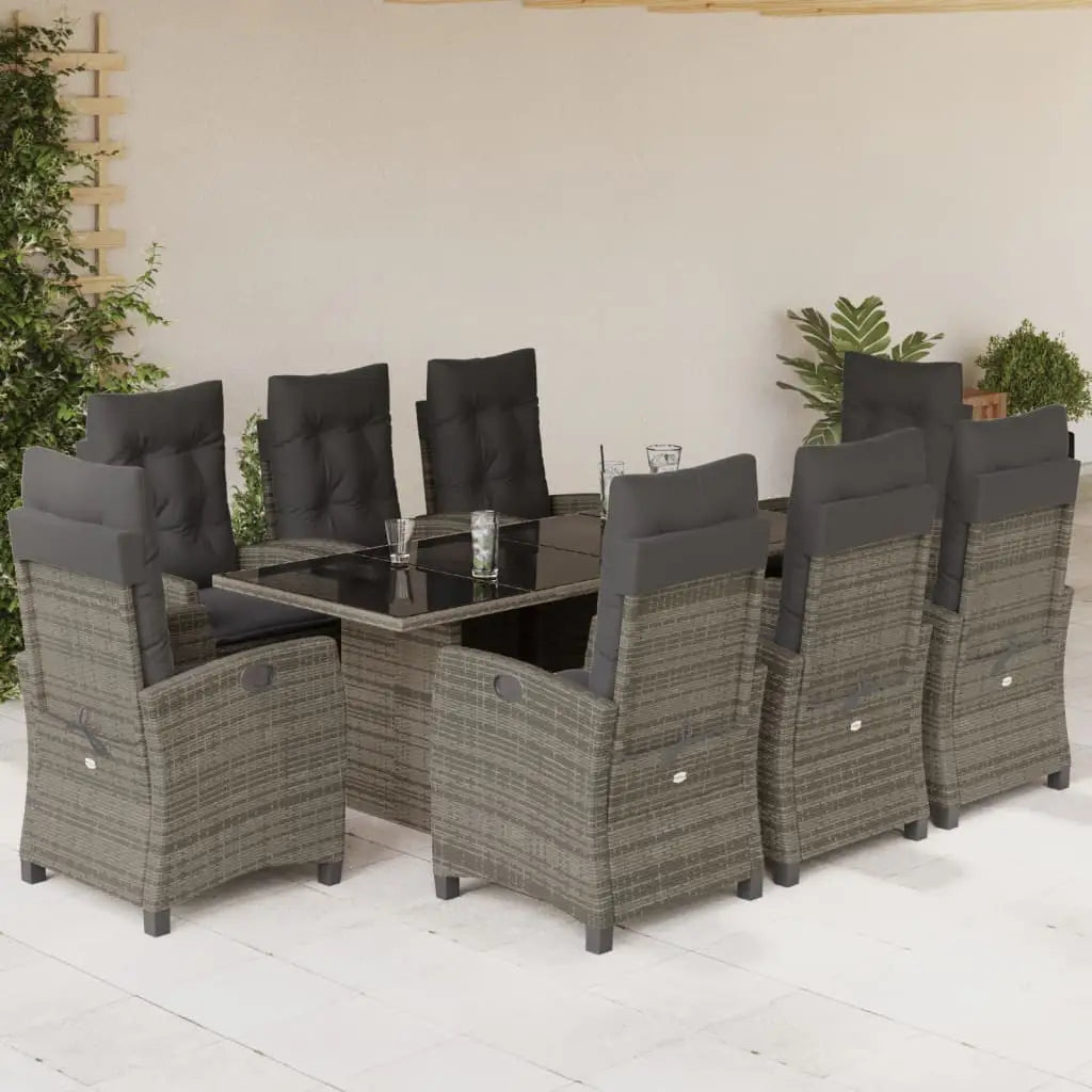 vidaXL 9 Piece Patio Dining Set with Cushions Gray Poly Rattan - Dining Set