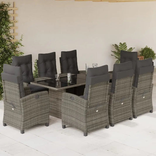vidaXL 9 Piece Patio Dining Set with Cushions Gray Poly Rattan - Dining Set