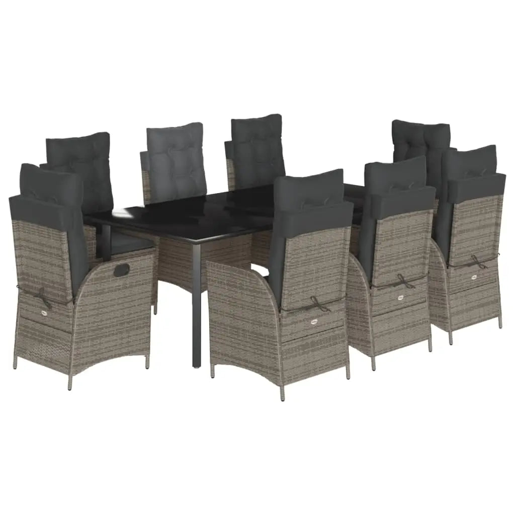 vidaXL 9 Piece Patio Dining Set with Cushions Gray Poly Rattan - Dining Set