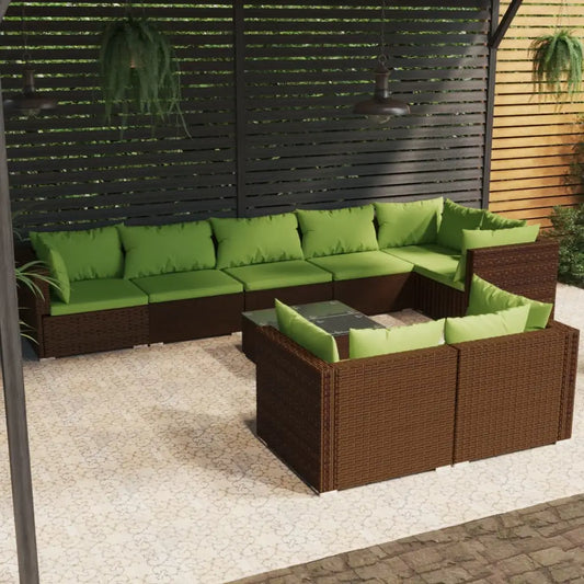 vidaXL 9 Piece Patio Lounge Set with Cushions Brown Poly Rattan - Patio Set