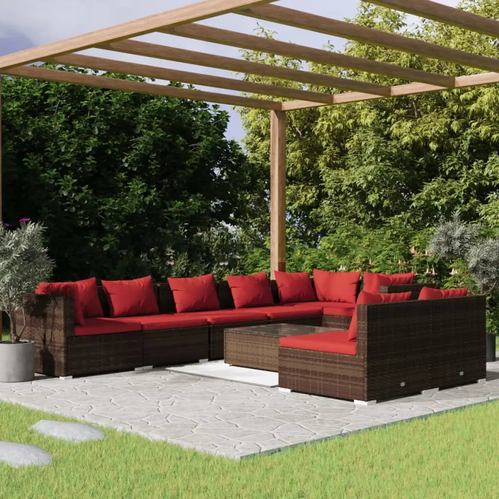 vidaXL 9 Piece Patio Lounge Set with Cushions Brown Poly Rattan - Outdoor Furniture Set