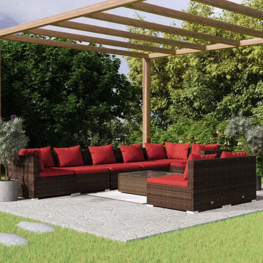 vidaXL 9 Piece Patio Lounge Set with Cushions Brown Poly Rattan - Outdoor Furniture Set