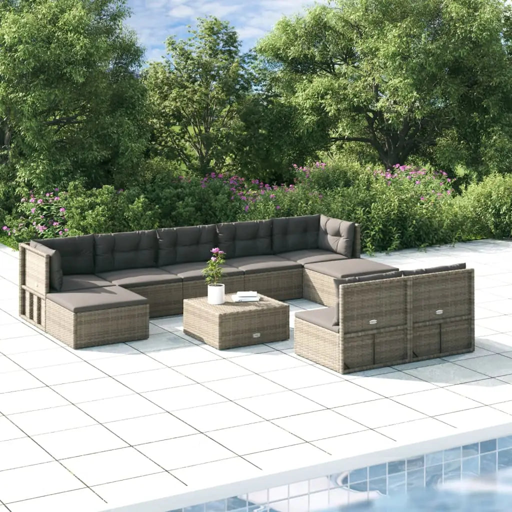 vidaXL 9 Piece Patio Lounge Set with Cushions Gray Poly Rattan - Patio Lounge Set