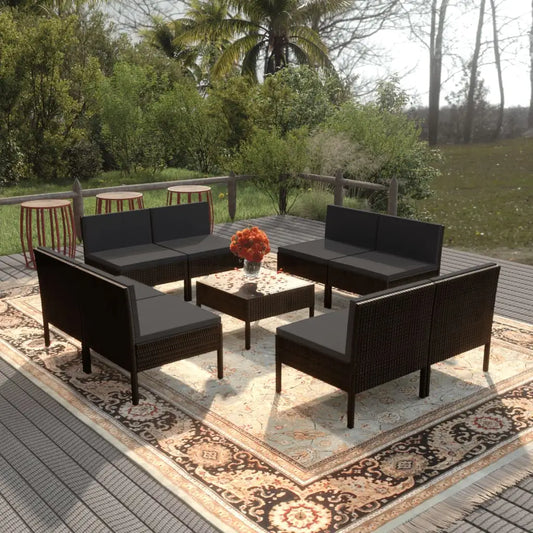 vidaXL 9 Piece Patio Lounge Set with Cushions Poly Rattan Black - Patio Lounge Set
