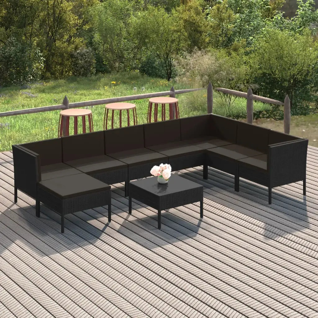 vidaXL 9 Piece Patio Lounge Set with Cushions Poly Rattan Black - Lounge Set