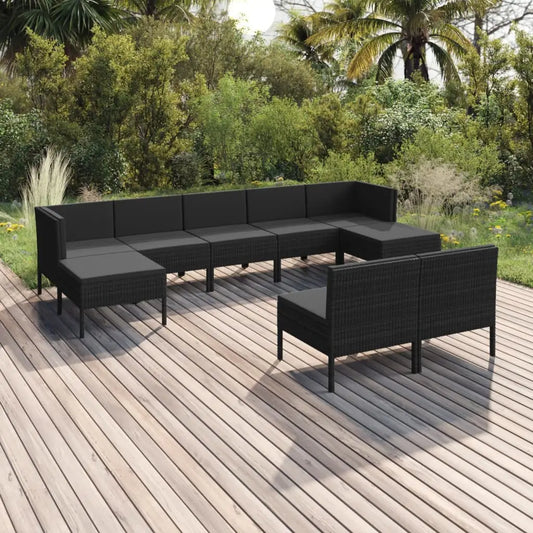 vidaXL 9 Piece Patio Lounge Set with Cushions Poly Rattan Black - Outdoor Furniture Set