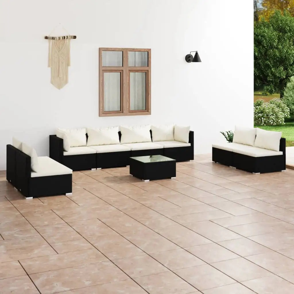 vidaXL 9 Piece Patio Lounge Set with Cushions Poly Rattan Black - Lounge Set