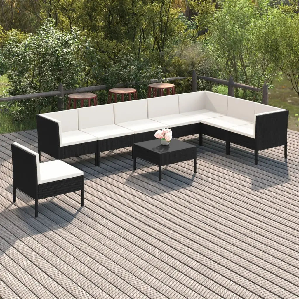 vidaXL 9 Piece Patio Lounge Set with Cushions Poly Rattan Black - Outdoor Lounge Set