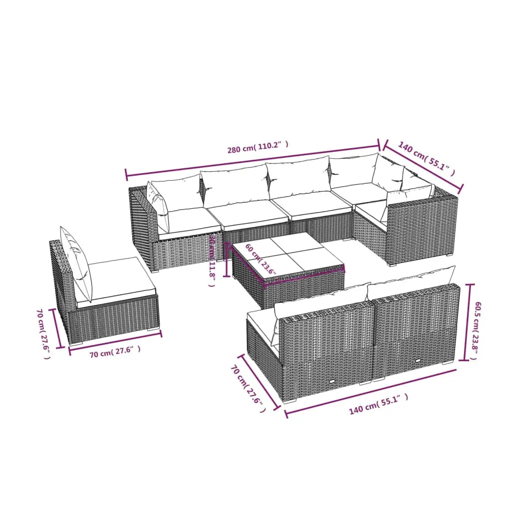 vidaXL 9 Piece Patio Lounge Set with Cushions Poly Rattan Brown - Lounge Set
