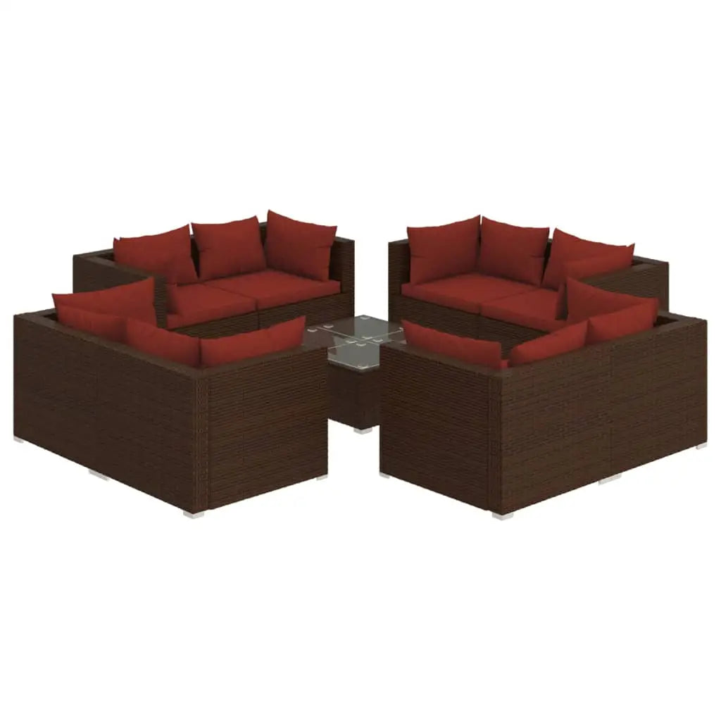 vidaXL 9 Piece Patio Lounge Set with Cushions Poly Rattan Brown - Outdoor Furniture Set