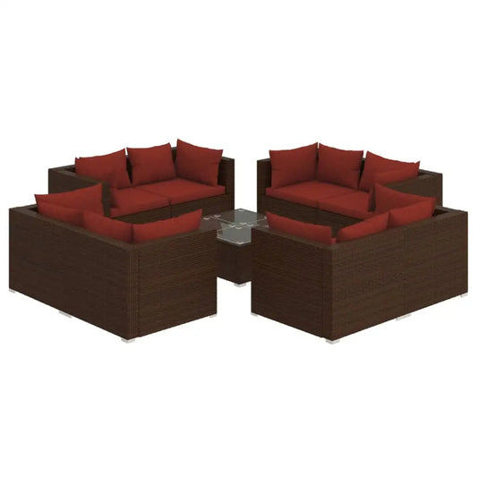 vidaXL 9 Piece Patio Lounge Set with Cushions Poly Rattan Brown - Outdoor Furniture Set