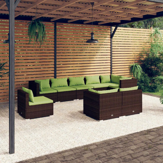 vidaXL 9 Piece Patio Lounge Set with Cushions Poly Rattan Brown - Outdoor Lounge Set
