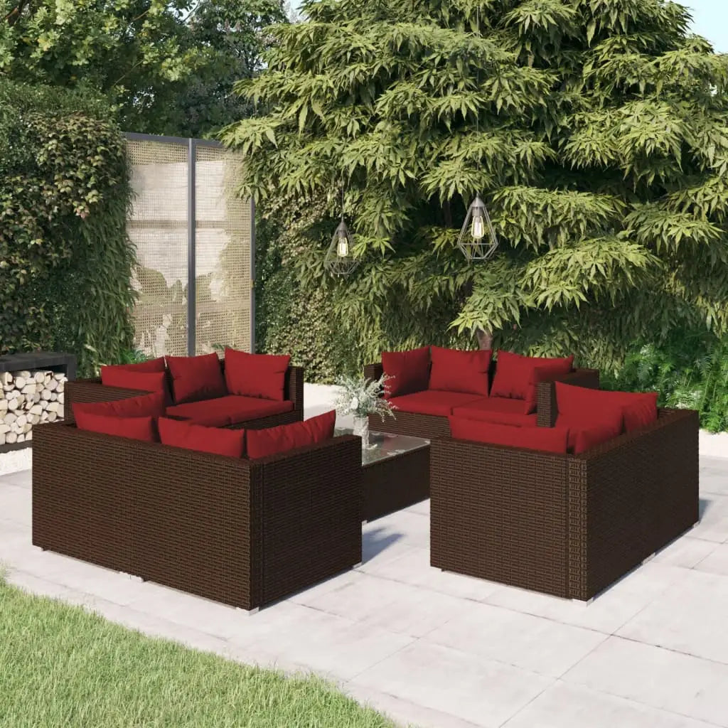 vidaXL 9 Piece Patio Lounge Set with Cushions Poly Rattan Brown - Outdoor Furniture Set