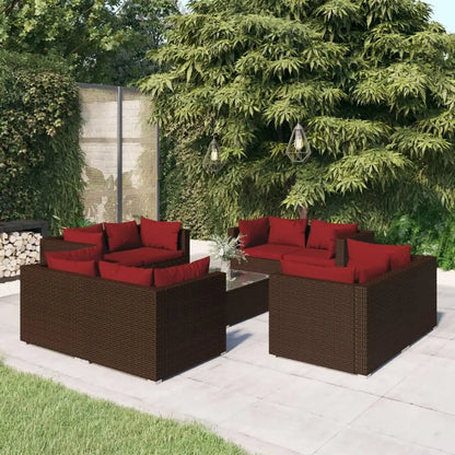 vidaXL 9 Piece Patio Lounge Set with Cushions Poly Rattan Brown - Outdoor Furniture Set