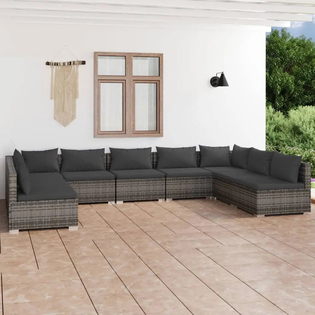 vidaXL 9 Piece Patio Lounge Set with Cushions Poly Rattan Gray - Furniture > Outdoor Furniture > Outdoor Furniture Sets