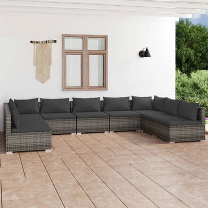 vidaXL 9 Piece Patio Lounge Set with Cushions Poly Rattan Gray - Furniture > Outdoor Furniture > Outdoor Furniture Sets