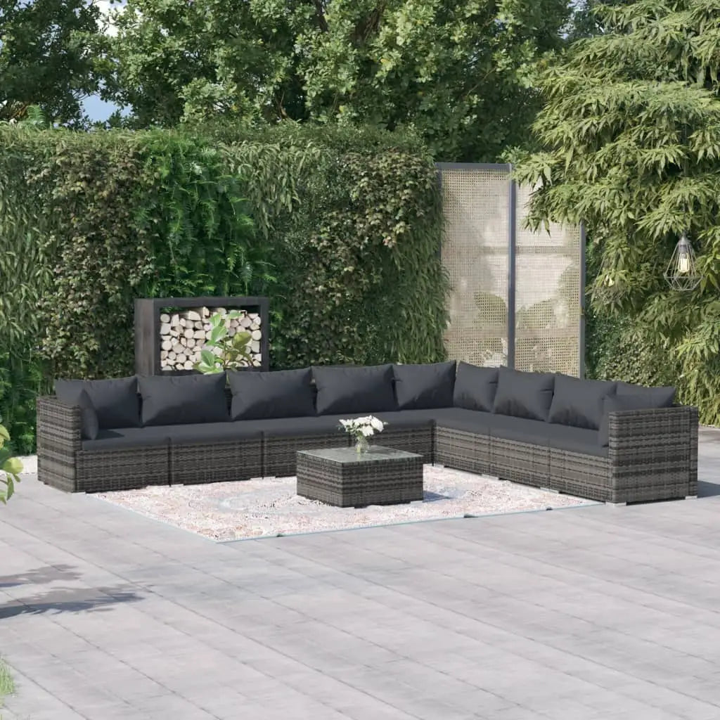 vidaXL 9 Piece Patio Lounge Set with Cushions Poly Rattan Gray - Patio Furniture Set