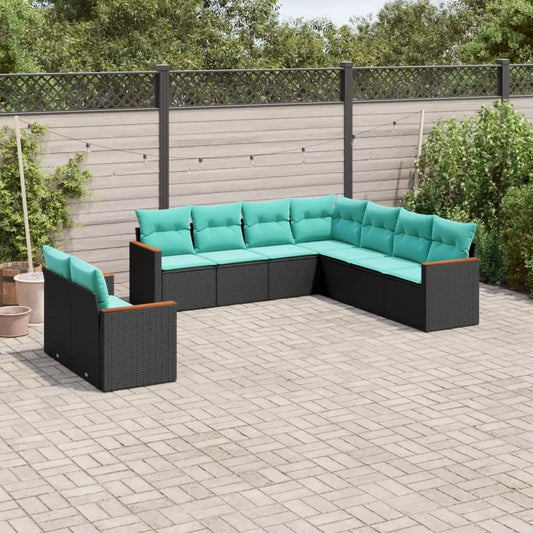 vidaXL 9 Piece Patio Sofa Set with Cushions Black Poly Rattan - Sofa Set