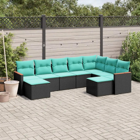 vidaXL 9 Piece Patio Sofa Set with Cushions Black Poly Rattan - Outdoor Sofa Set